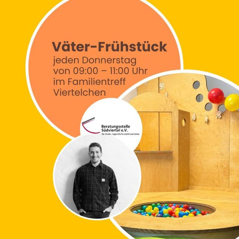 Väterfrühstück-Ankündigung mit Informationen zum Treffen und bunten Elementen.