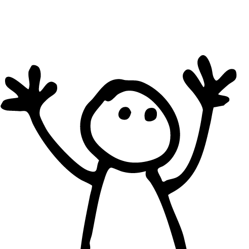 Strichfigur mit erhobenen Armen auf weißem Hintergrund.